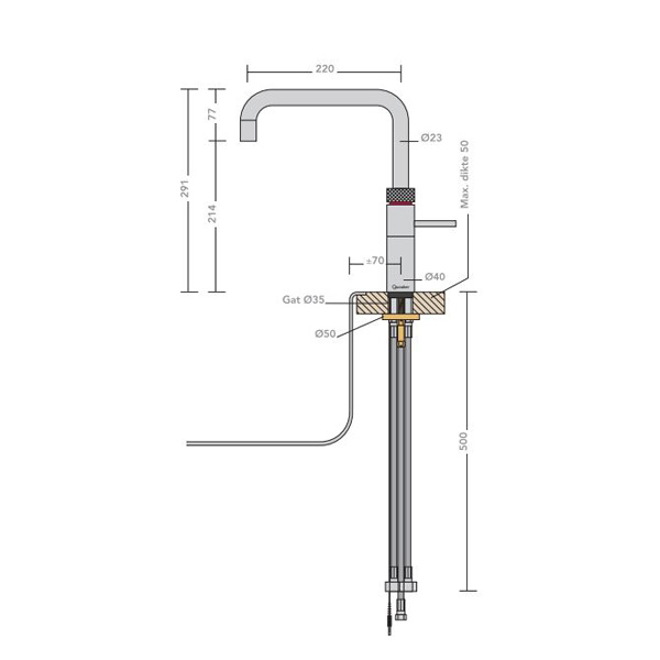 Tekening van een Classic Fusion Square kokend water kraan