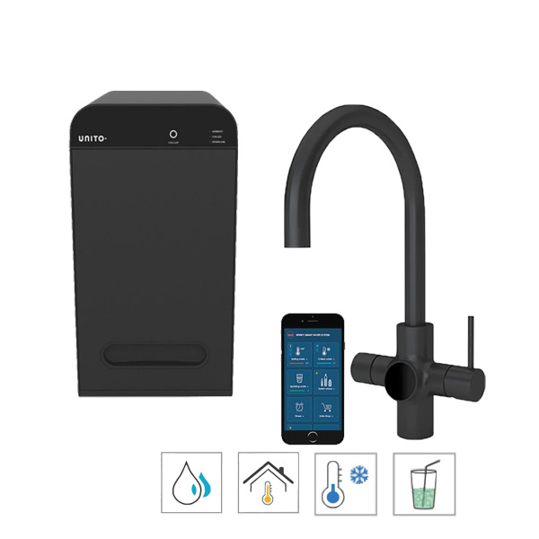 Unito Orbit ronde uitloop in zwarte kleur. 4-in-1 kraan sparkle